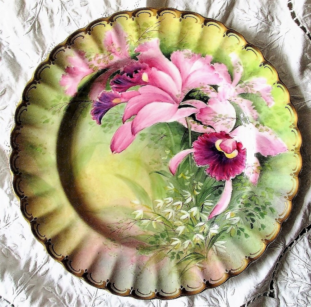 english porcelain cabinet dish orchid cattleyas dendrobium delatum reginald johnson