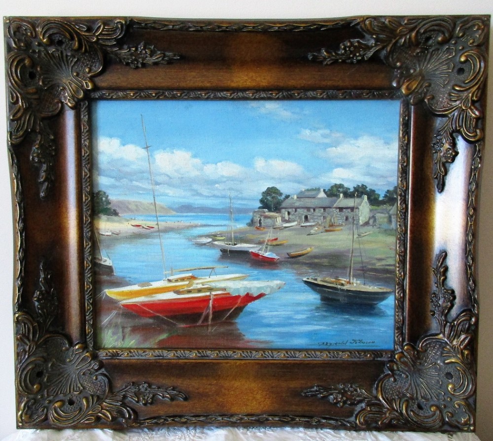 the harbour abersoch gwynedd oil painting on board reginald johnson