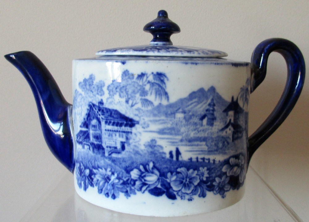 antique english victorian blue white transfer genevese solitaire teapot mintons