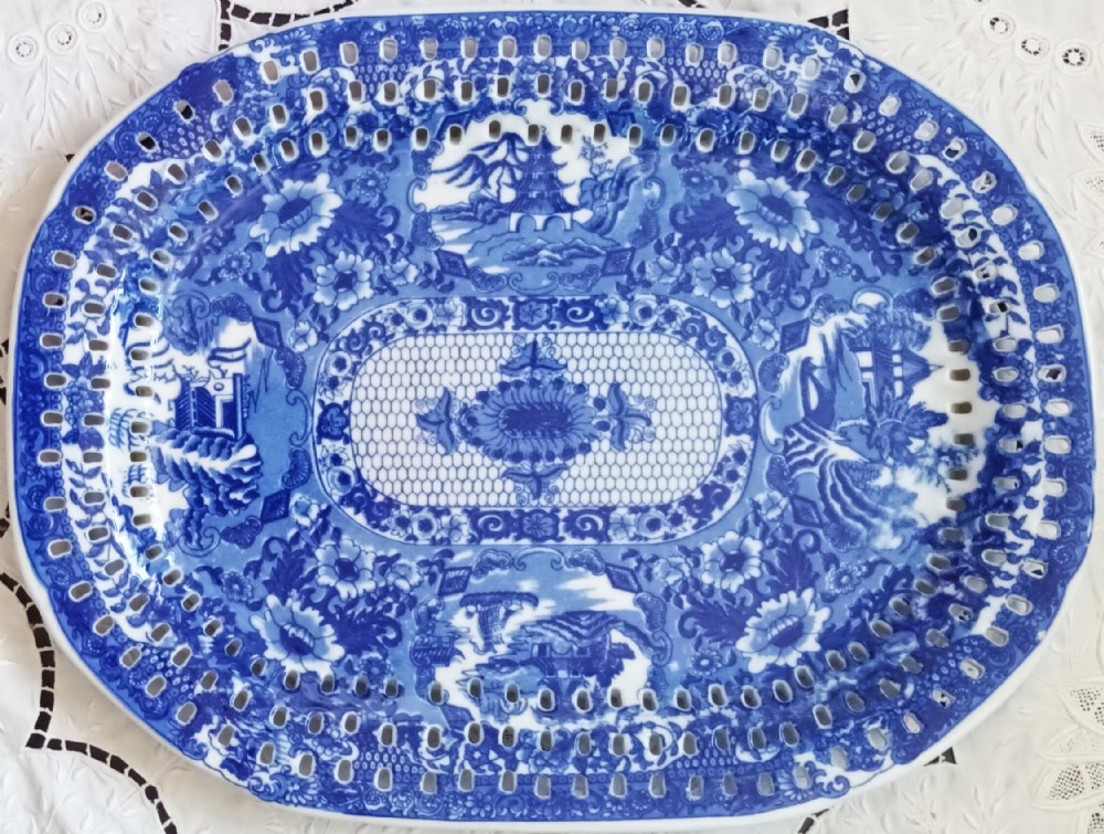 antique english georgian blue and white transfer pierced net pattern serving dish platter