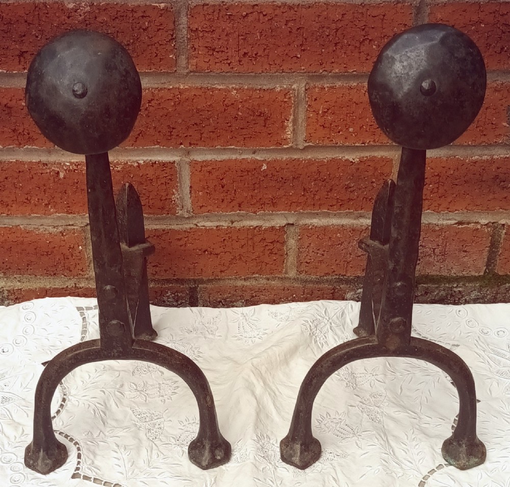 pair of antique english victorian wrought iron arts crafts andirons