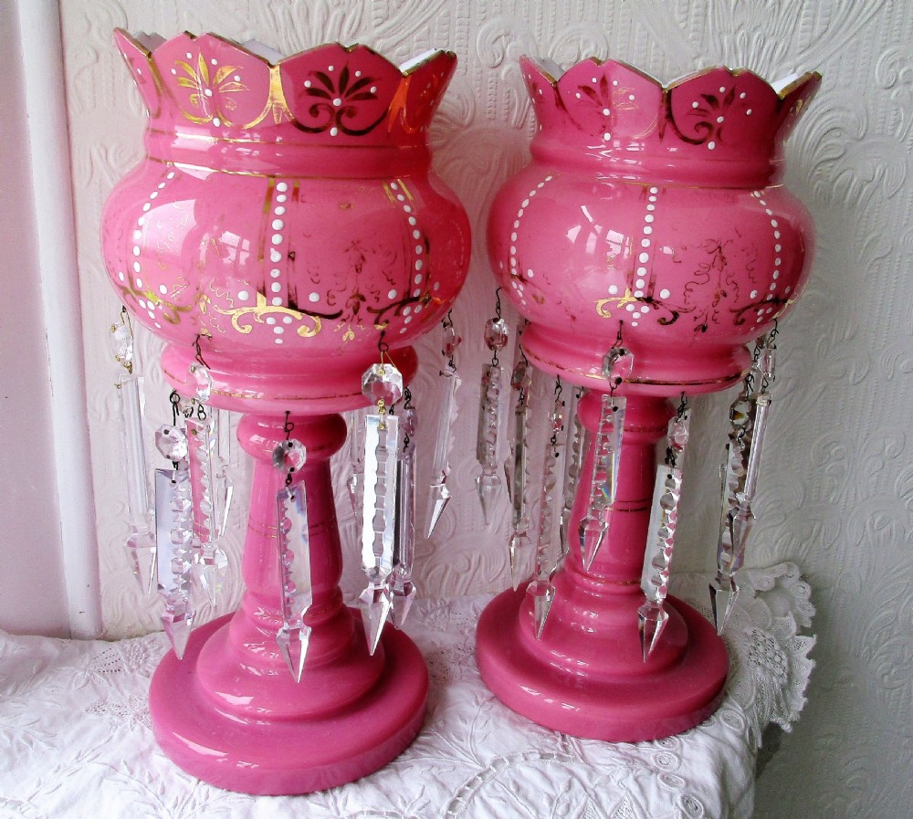 pair of antique english victorian pink glass lustres