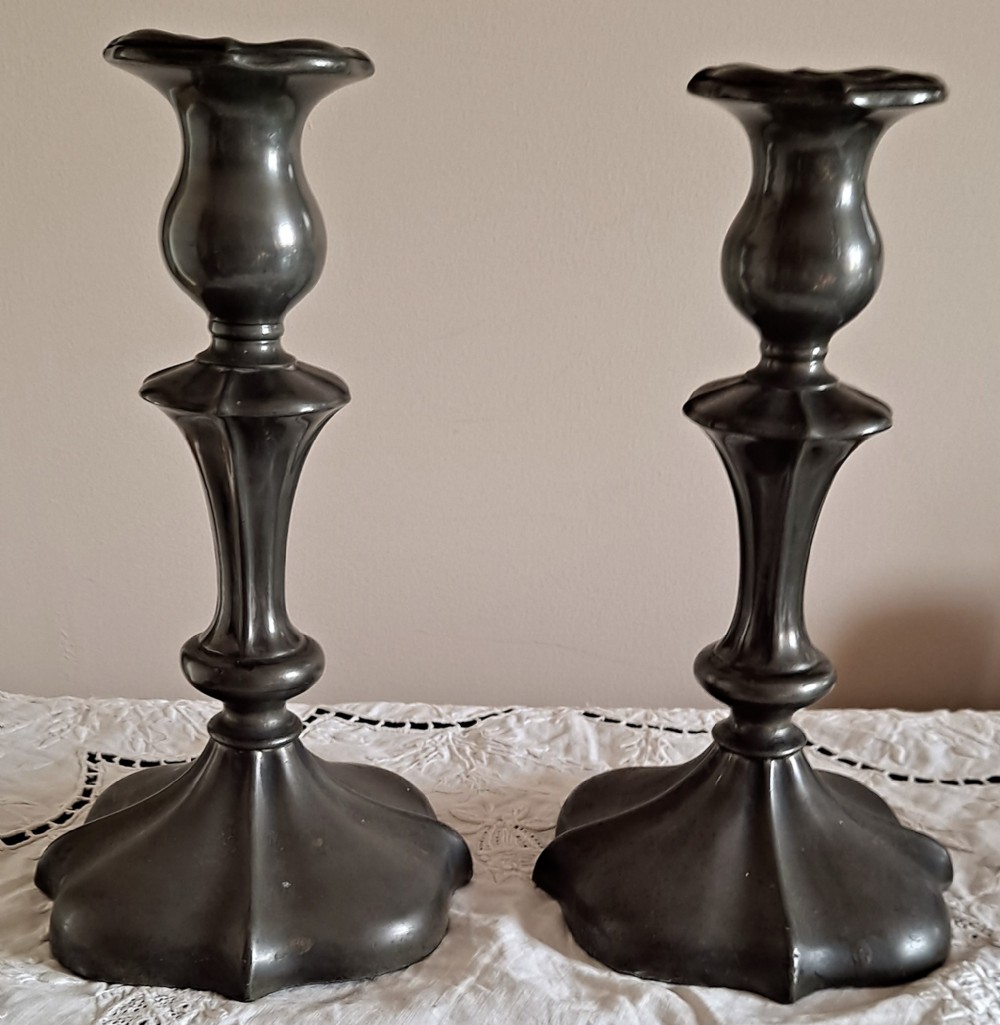 pair of antique english victorian art nouveau pewter candlesticks
