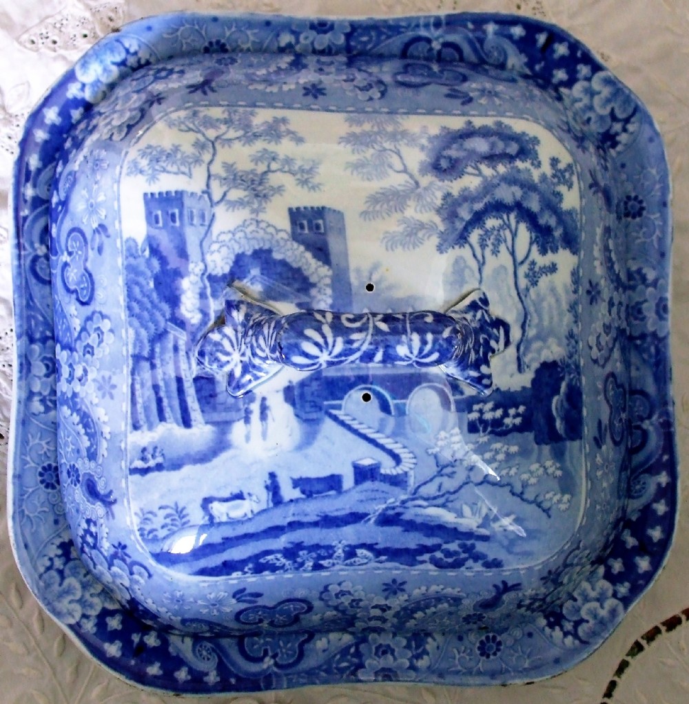 antique english georgian blue and white transfer castle pattern pottery vegetable tureen and cover j r clews