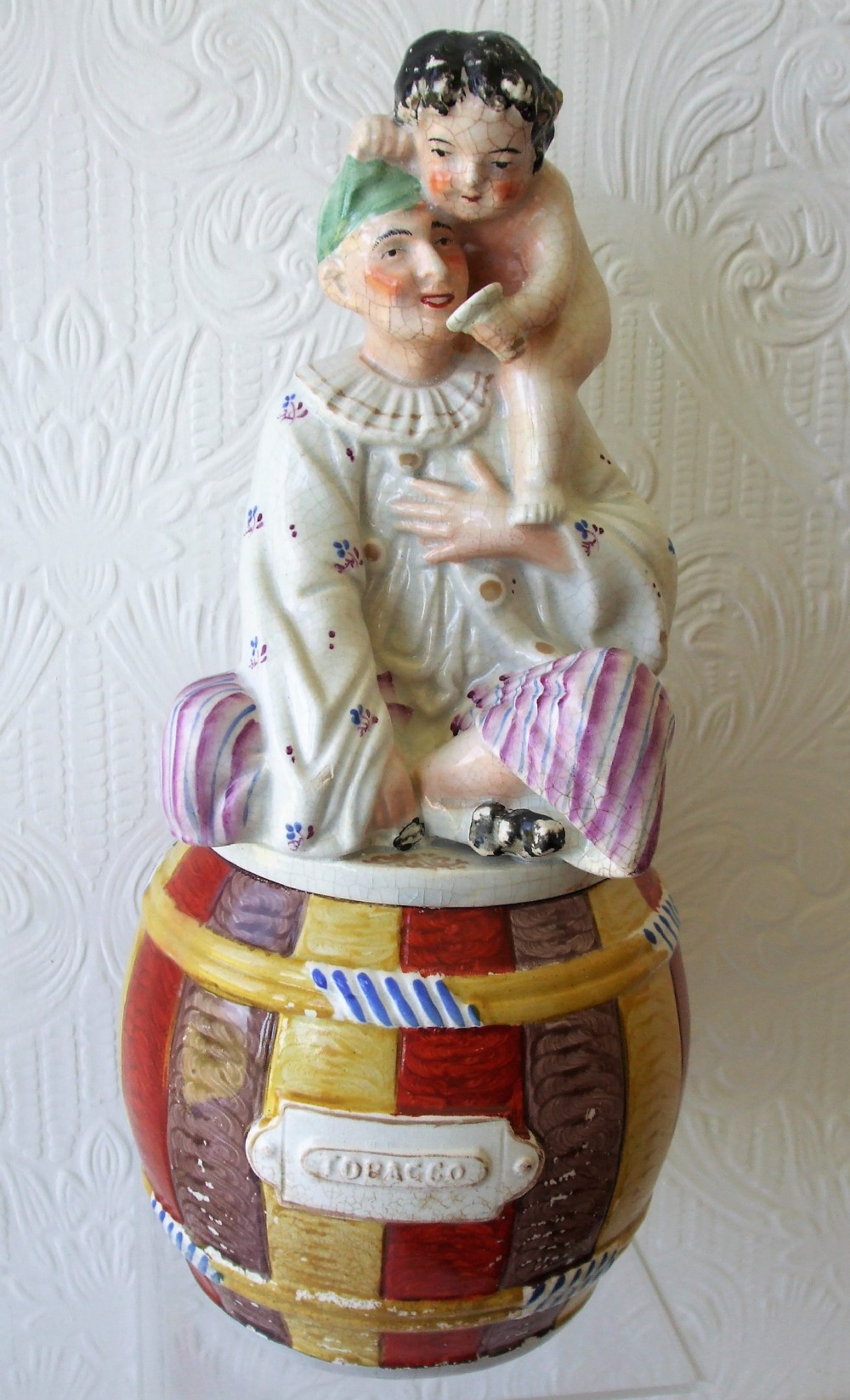 antique english victorian staffordshire pierrot tobacco jar and cover