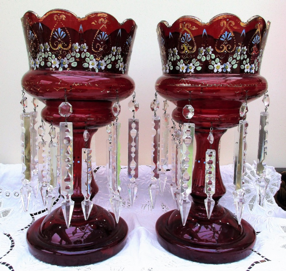 pair of antique english victorian ruby glass lustres