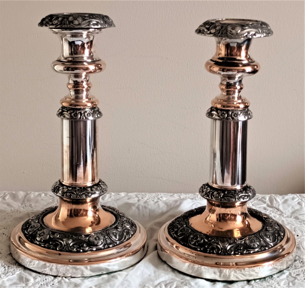 pair of antique english georgian old sheffield plate telescopic candlesticks