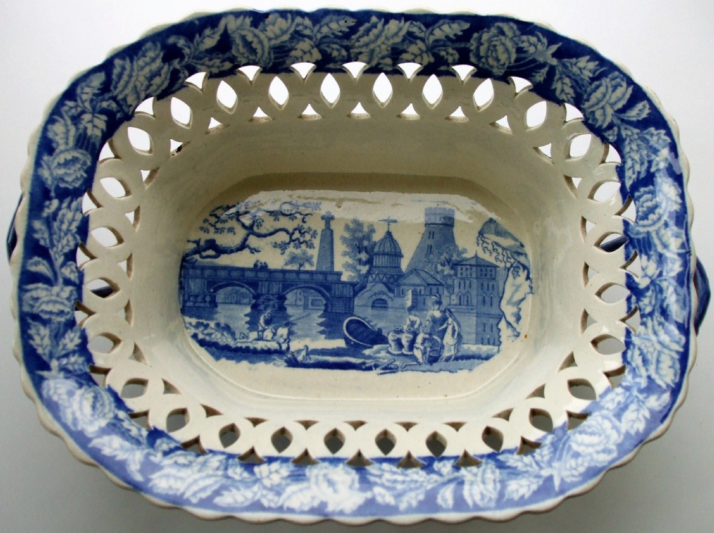 antique english georgian blue and white transfer river scene with fort pattern pottery chestnut basket j r clews