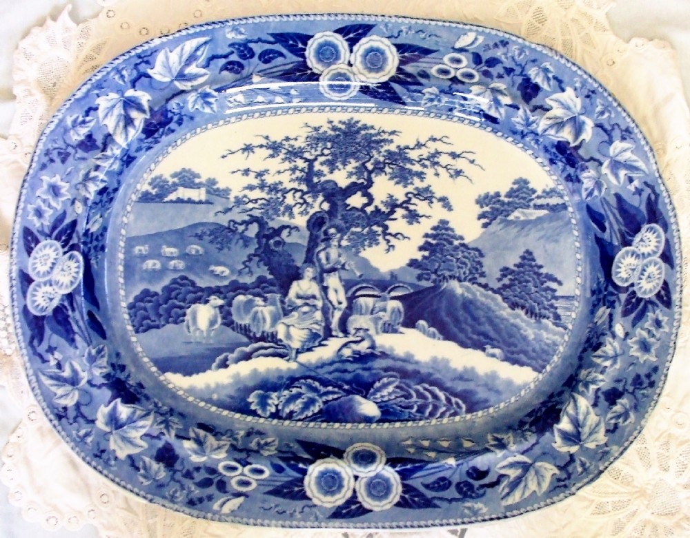 antique english georgian blue and white transfer piping shepherd pottery platter