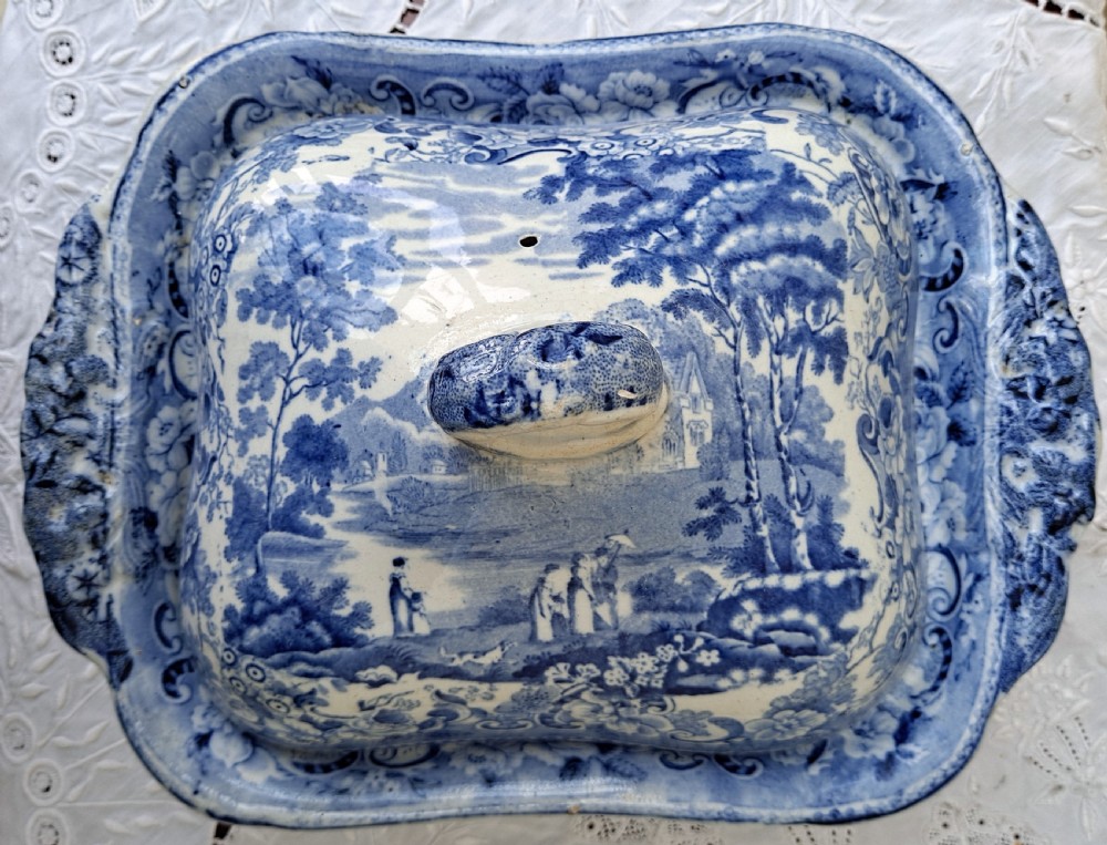 antique english victorian blue and white rural scenery pottery vegetable tureen and cover james wallace co