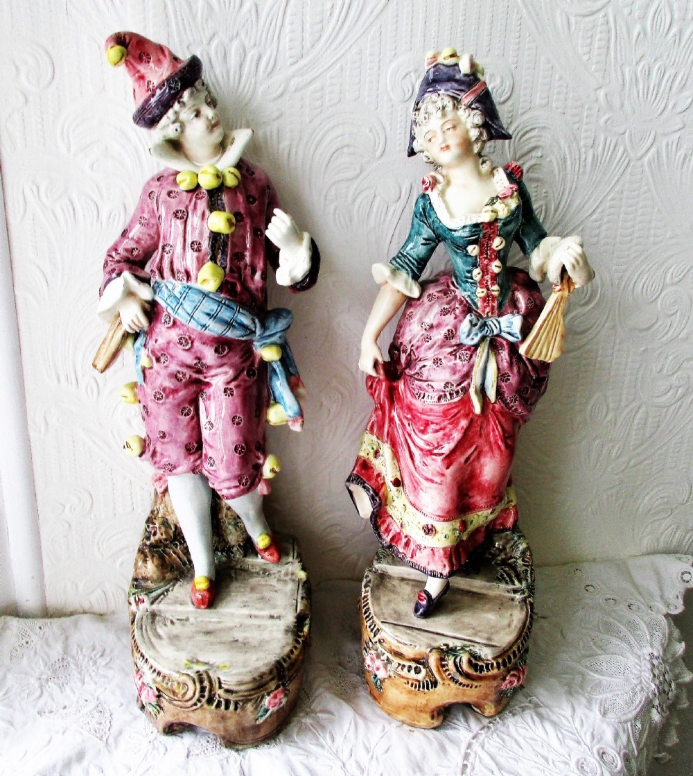 pair of vintage french earthenware carnival figurines
