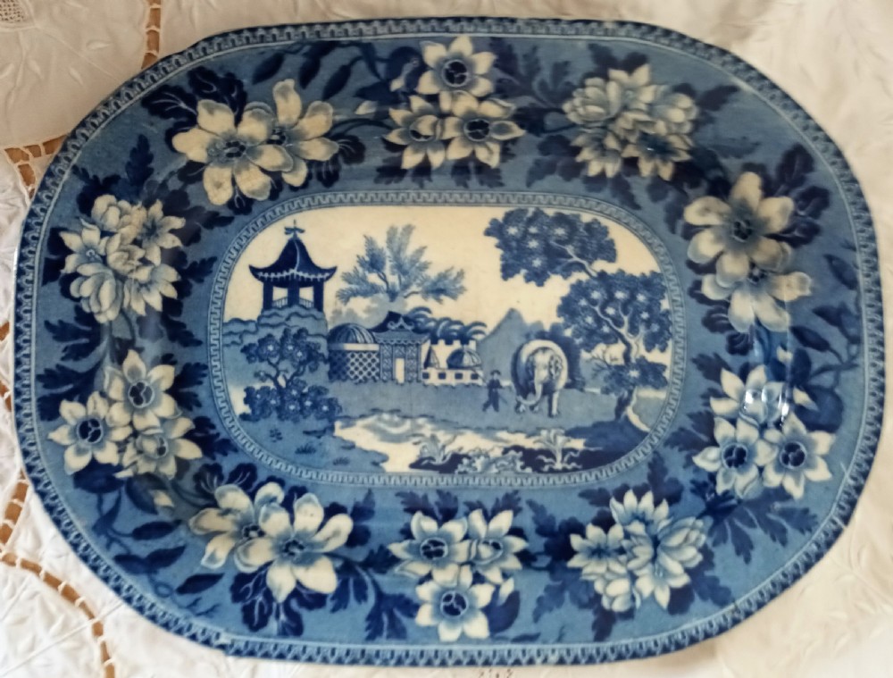 antique english georgian blue and white transfer elephant pattern potteryplatter john rogers son