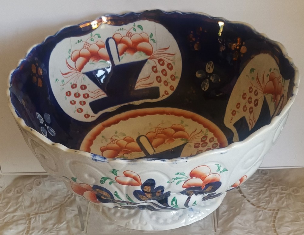 antique victorian gaudy welsh basket of flowers pattern footed pottery bowl