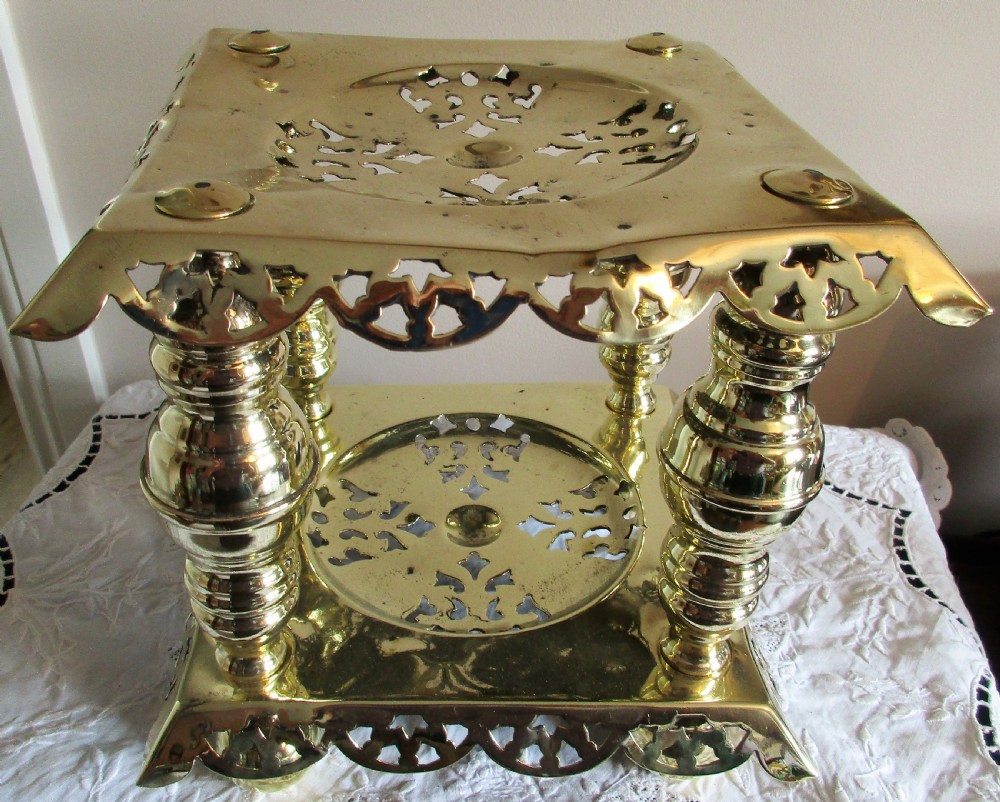 antique english victorian brass two tier trivet kettle stand