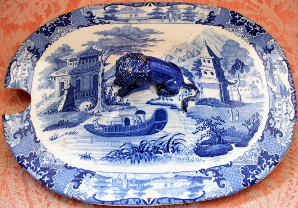 antique english georgian blue and white transfer canton river scene pottery tureen cover robert hamilton