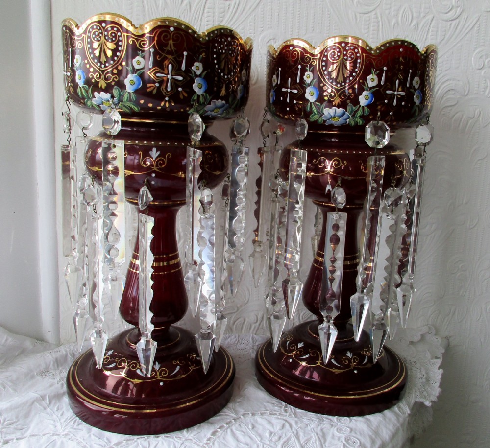 pair of antique english victorian ruby glass lustres