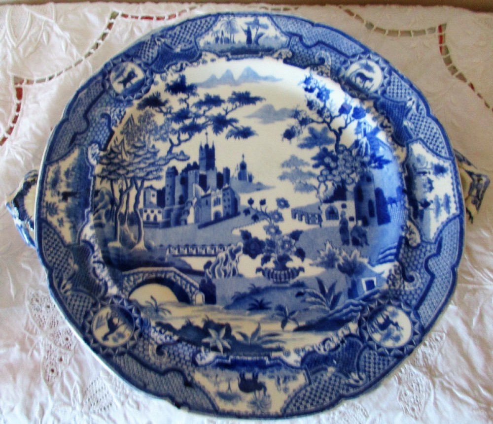 antique english georgian blue and white transfer gothic castle pottery hotwater plate spode